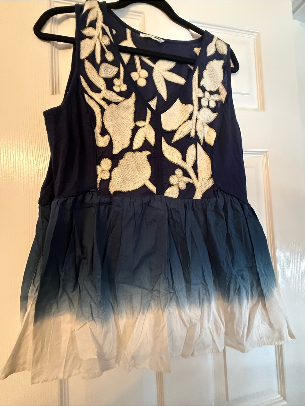 Anthropologie Floreat Navy and Cream Embroidered Tank Top with Ombre Base